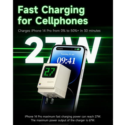 Sharge Retro 67W GaN Charger 3 ports USB-C Fast Charging with Digital Rain LED Display