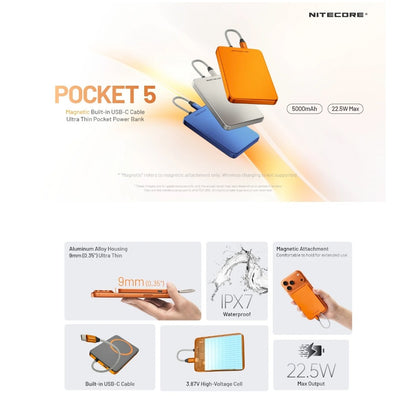 Nitecore POCKET 5 5000mAh Magnetic Power Bank with Built-In Cable