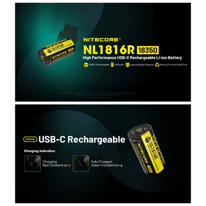 Nitecore NL1816R 1600mAh USB-C Rechargeable Battery for MT1C Pro