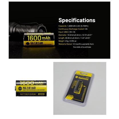 Nitecore NL1816R 1600mAh USB-C Rechargeable Battery for MT1C Pro