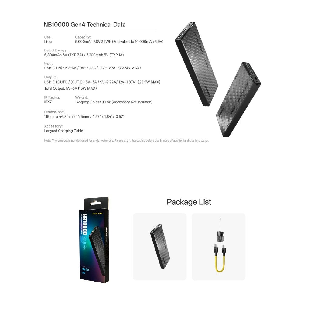 Nitecore NB10000 Gen 4 Carbon Fiber Energy Brick 10000mAh Powerbank