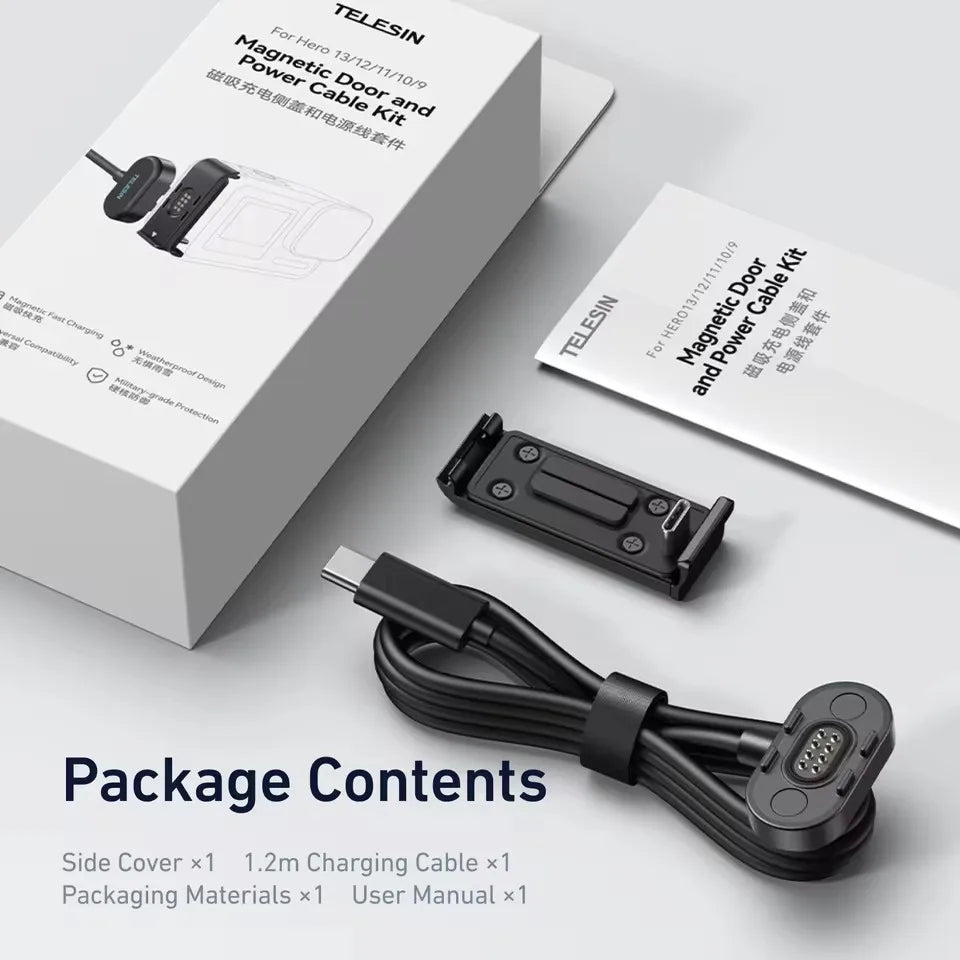 Telesin Magnetic Charging Side Cover&Power Cable Kit for Hero 13 12 11 10 9
