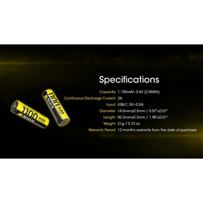 Nitecore NL1411R 1100mAh USB-C Rechargeable 14500 Battery MT1A Pro