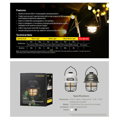 NITECORE LR40 Multifunctional USB-C Rechargeable Camping Lantern