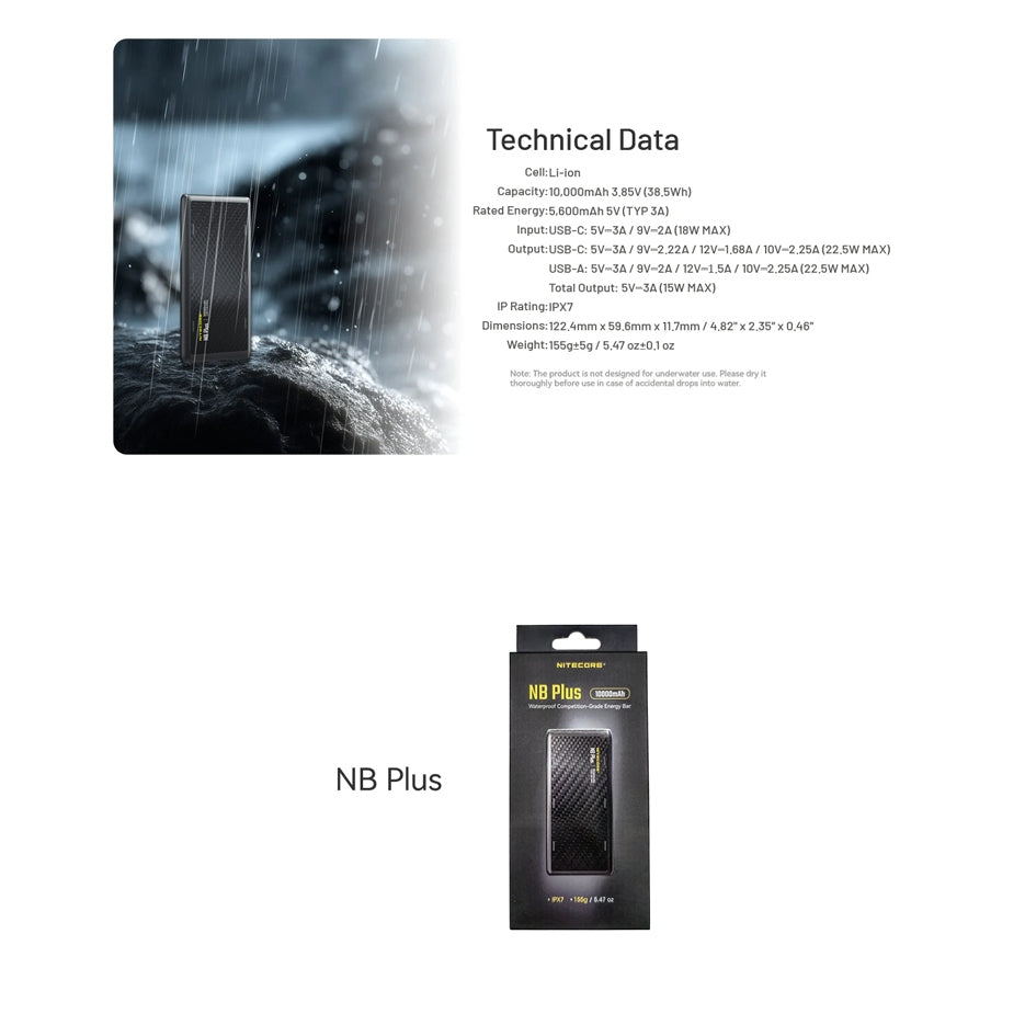 Nitecore NB Plus IPX7 Waterproof carbon fibre Powerbank 10000mAh 3A 22W
