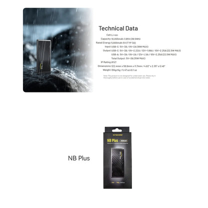 Nitecore NB Plus IPX7 Waterproof carbon fibre Powerbank 10000mAh 3A 22W