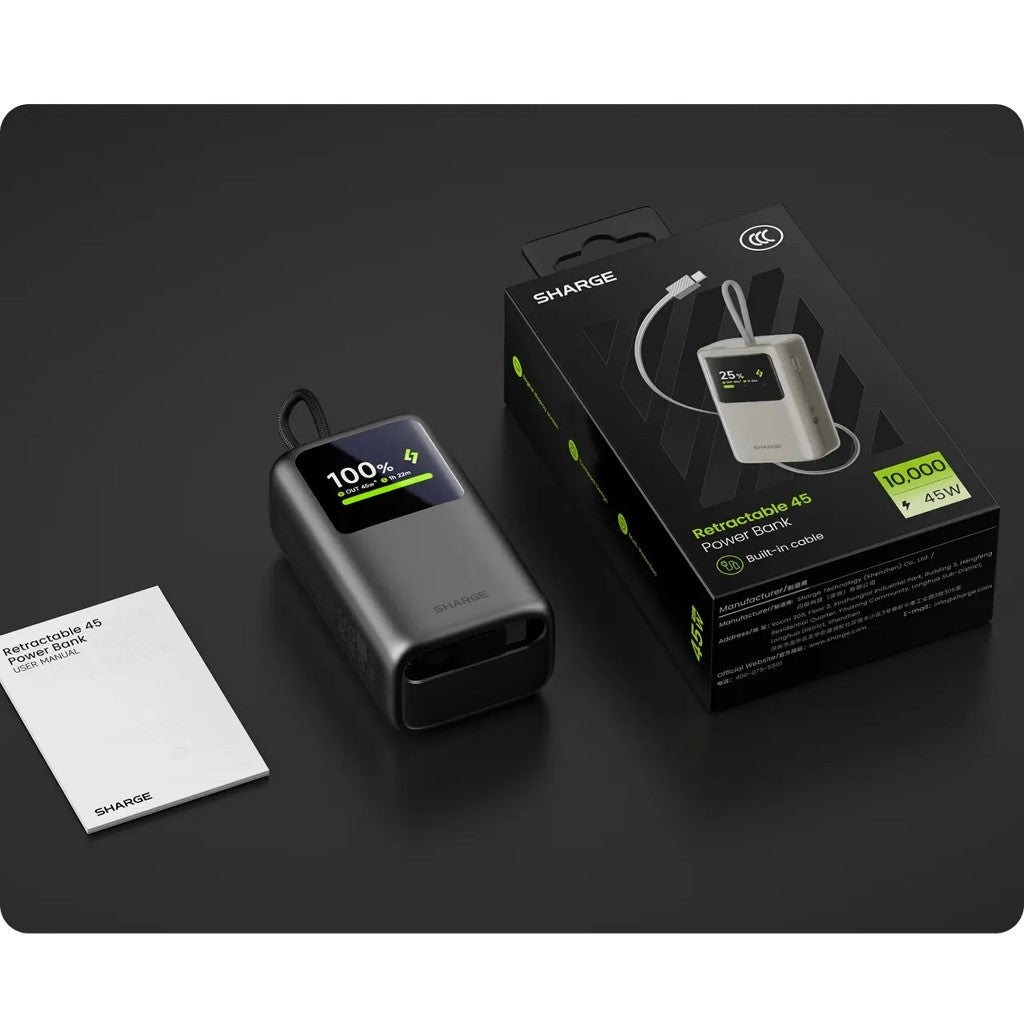 sharge Hypertower 45W Power Bank 10000mAh with Built-in Retractable Cable