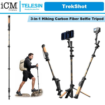 TELESIN TrekShot 3 in 1 Carbon Fiber Selfie Stick Trekking Pole Hidden Tripod 10m Bluetooth Remote Hiking