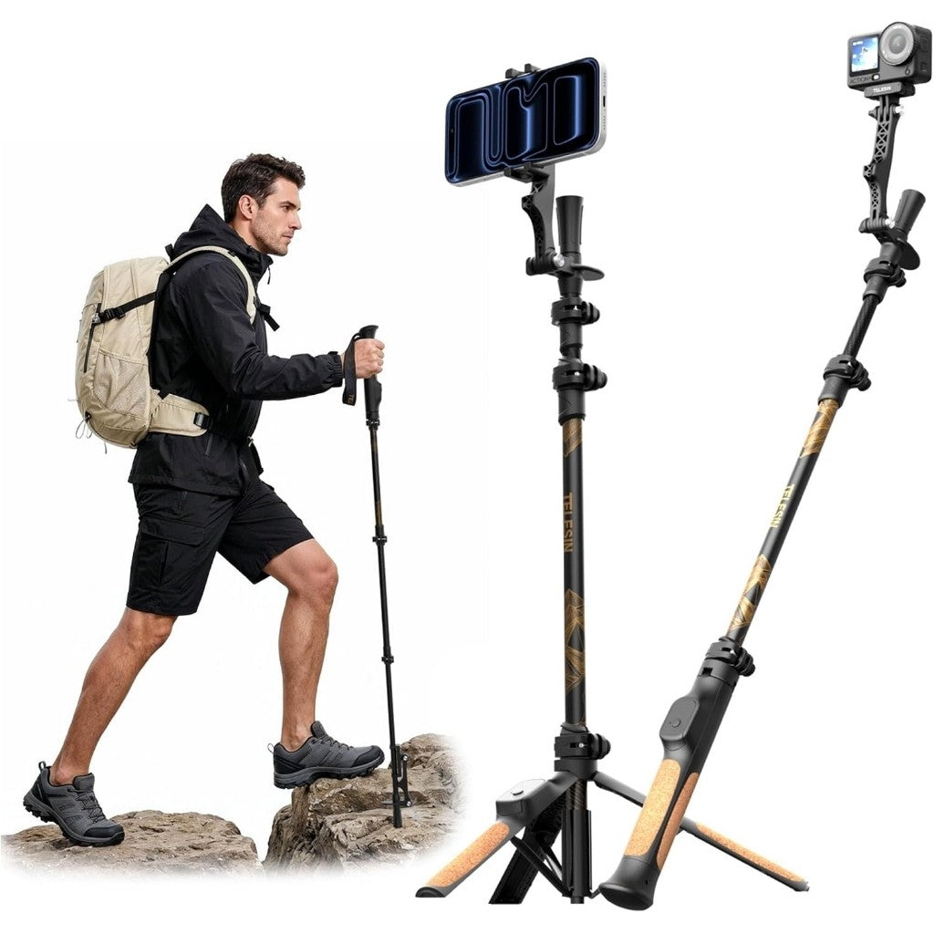 TELESIN TrekShot 3 in 1 Carbon Fiber Selfie Stick Trekking Pole Hidden Tripod 10m Bluetooth Remote Hiking