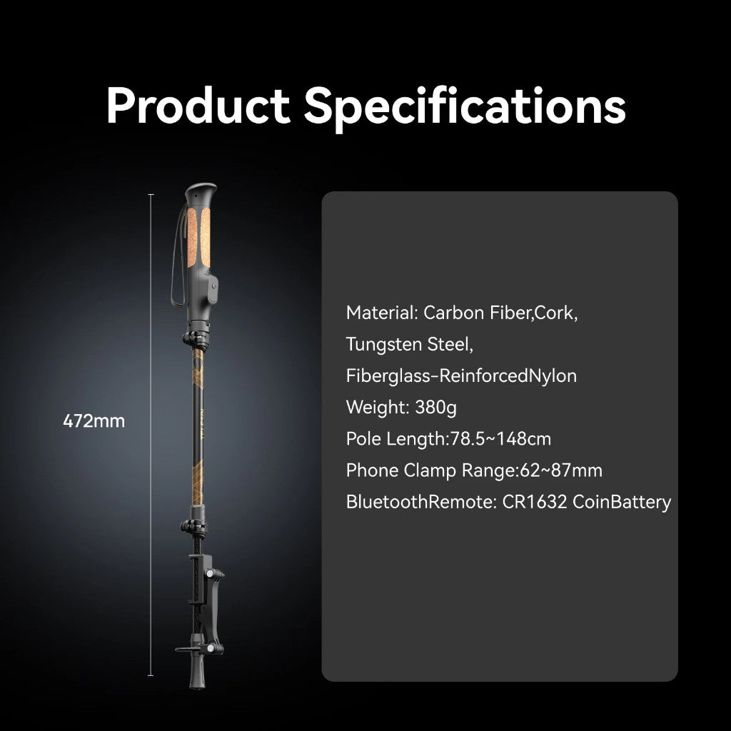 TELESIN TrekShot 3 in 1 Carbon Fiber Selfie Stick Trekking Pole Hidden Tripod 10m Bluetooth Remote Hiking