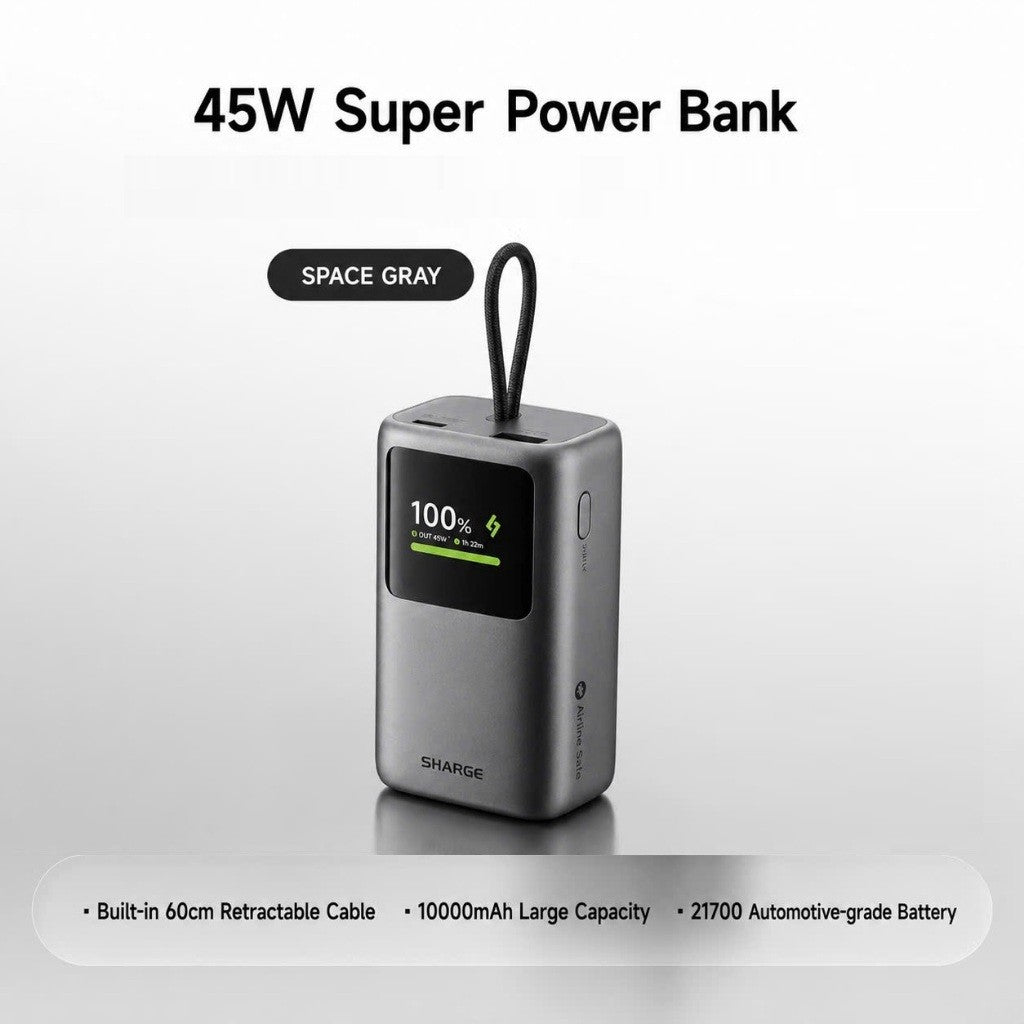 sharge Hypertower 45W Power Bank 10000mAh with Built-in Retractable Cable