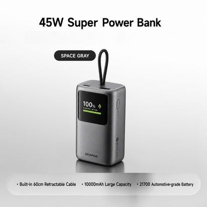 sharge Hypertower 45W Power Bank 10000mAh with Built-in Retractable Cable