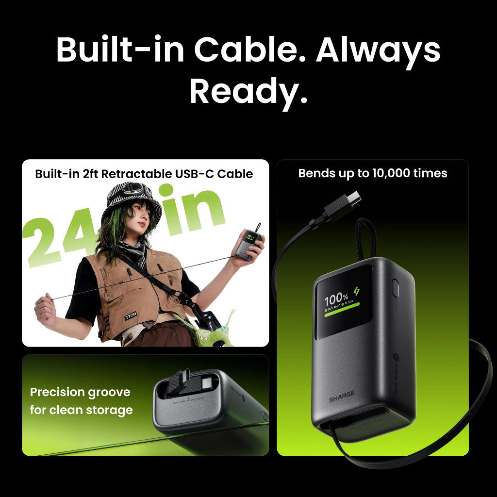 sharge Hypertower 45W Power Bank 10000mAh with Built-in Retractable Cable