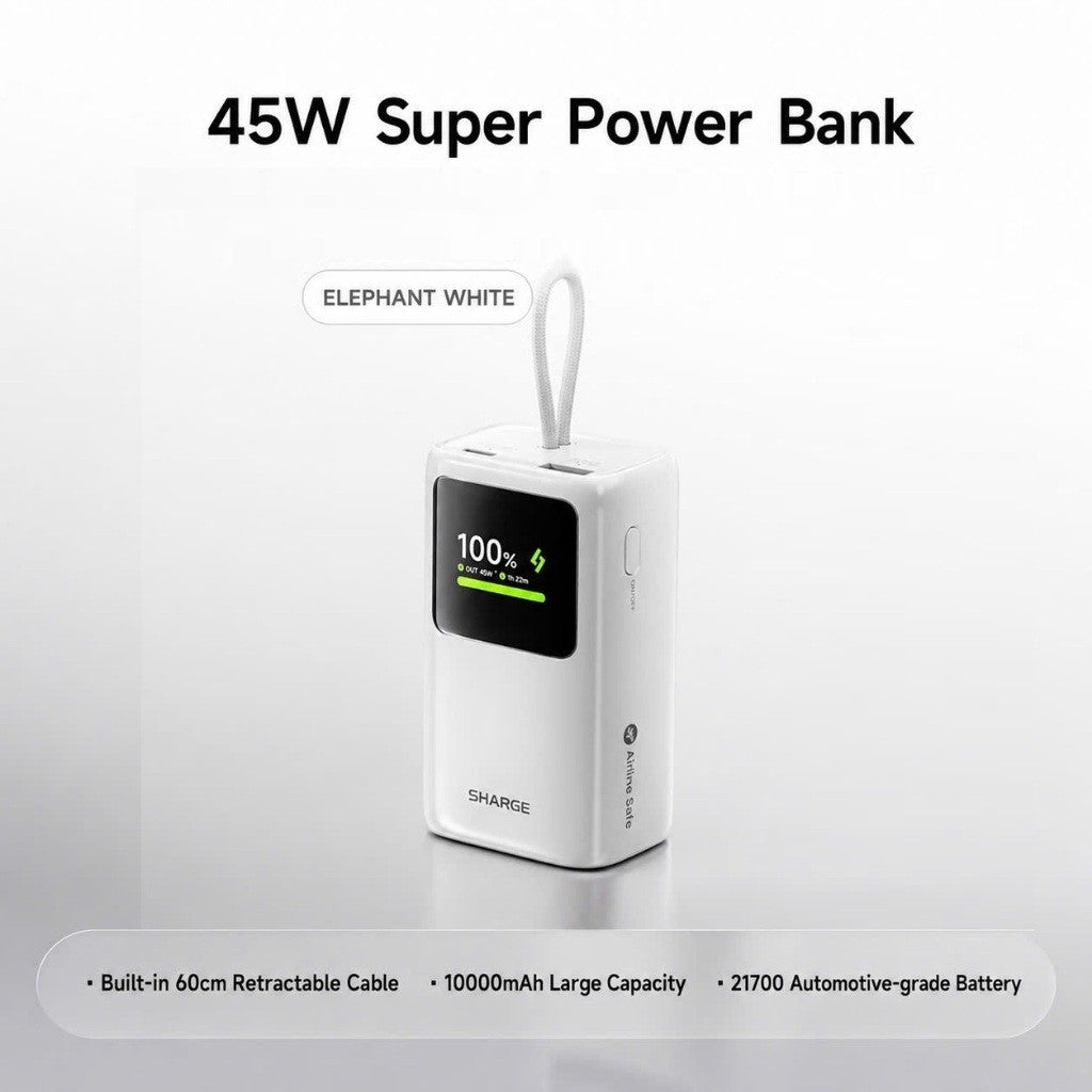 sharge Hypertower 45W Power Bank 10000mAh with Built-in Retractable Cable