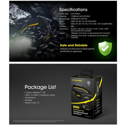 Nitcore Carbon Battery 12K Extended Headlamp Runtime Kit