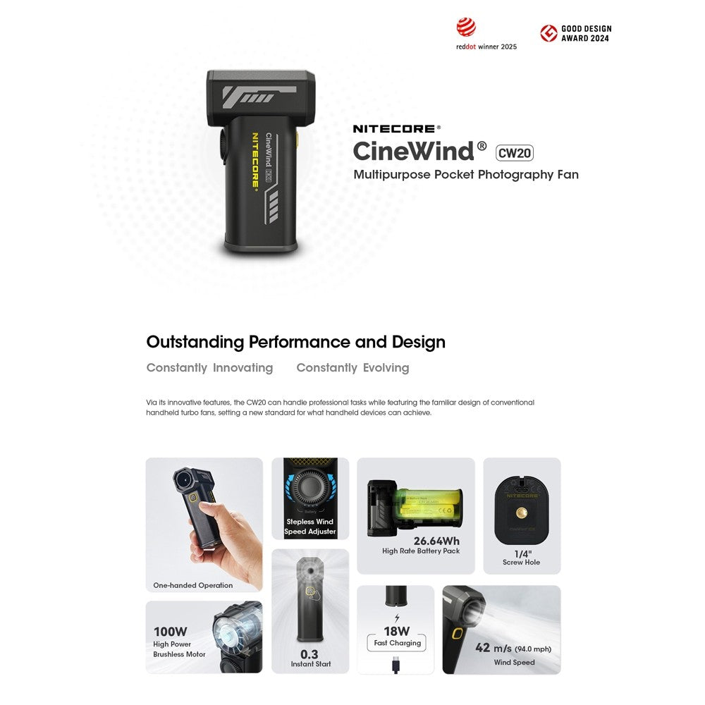 Nitecore Handheld Turbo Fan (150km/h) Multipurpose Pocket Photography Fan